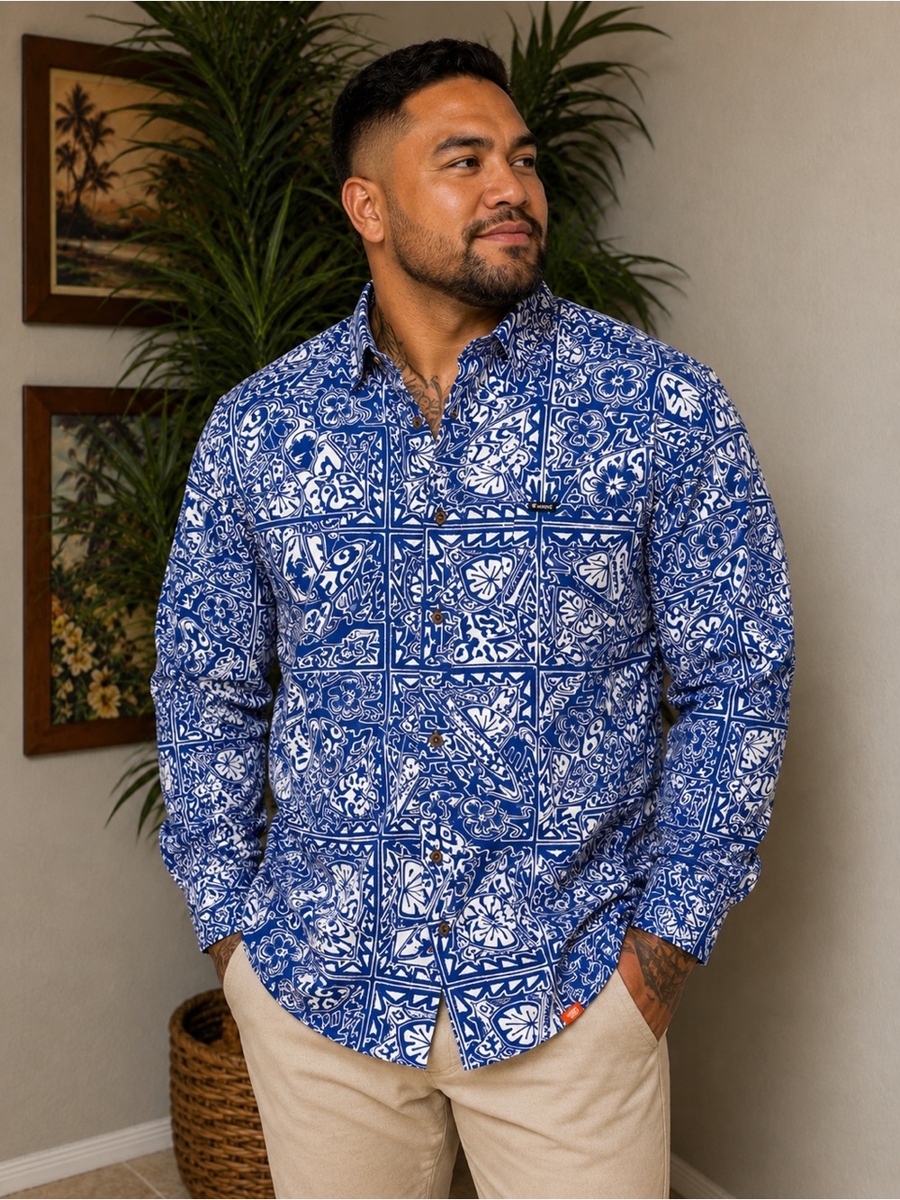 Tanoa Men's Blue Polynesian Tribal Patterned Long-Sleeve Button-Up Shirt